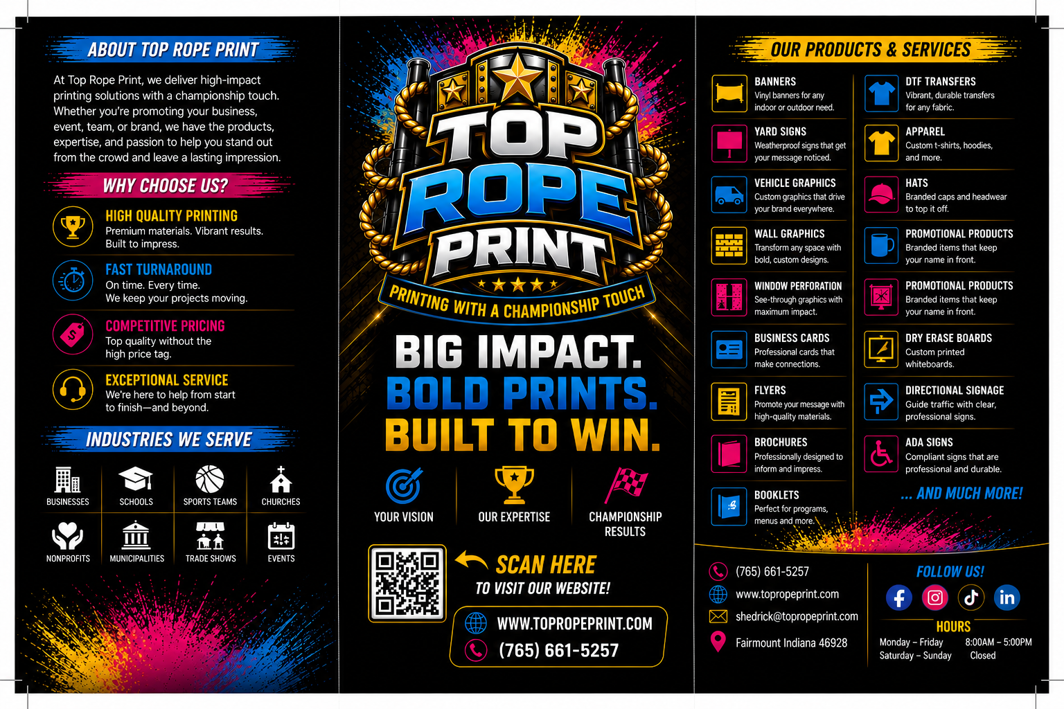 Top Rope Print trifold brochure — Big Impact. Bold Prints. Built to Win.